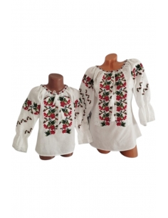 Set ie traditionala mama si copil din Muntenia cu broderie florala rosie