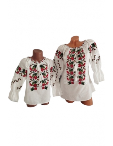 Set ie traditionala mama si copil din Muntenia cu broderie florala rosie