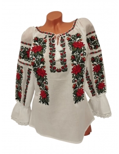 Ie traditionala dama din Muntenia cu broderie florala rosie