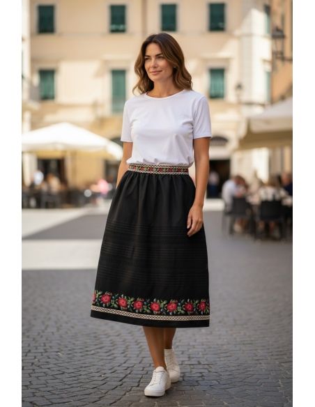 Fusta traditionala dama din Muntenia cu motive florale rosii
