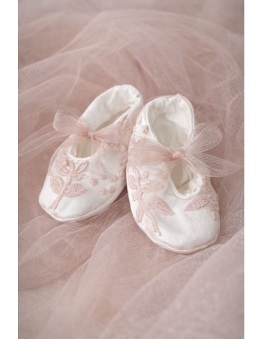 set botez fetita roz pudra rochita eleganta brodata cu tulle bentita si botosi