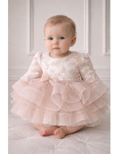 set botez fetita roz pudra rochita eleganta brodata cu tulle bentita si botosi