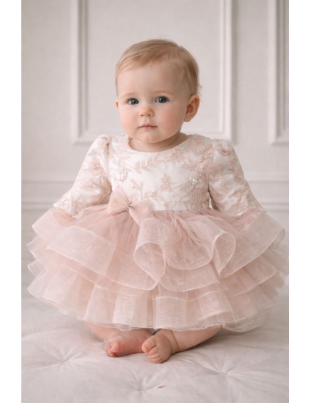 set botez fetita roz pudra rochita eleganta brodata cu tulle bentita si botosi