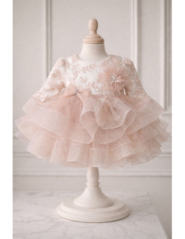 set botez fetita roz pudra rochita eleganta brodata cu tulle bentita si botosi