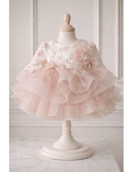 set botez fetita roz pudra rochita eleganta brodata cu tulle bentita si botosi