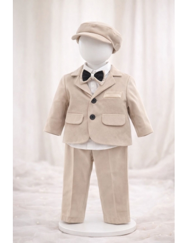 set botez baiat elegant bej costum complet sacou pantaloni camasa papion si sapca