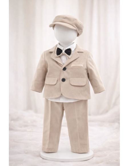 set botez baiat elegant bej costum complet sacou pantaloni camasa papion si sapca