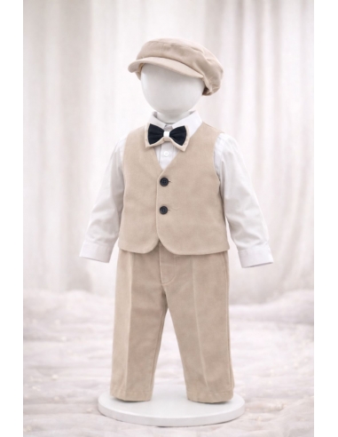 set botez baiat elegant bej costum complet sacou pantaloni camasa papion si sapca