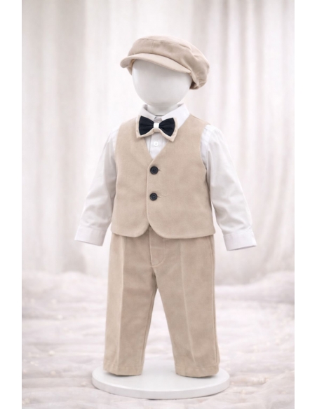 set botez baiat elegant bej costum complet sacou pantaloni camasa papion si sapca