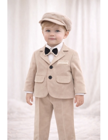 set botez baiat elegant bej costum complet sacou pantaloni camasa papion si sapca