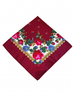 Batic traditional visiniu cu flori colorate si bordura decorativa inspirata din portul popular romanesc