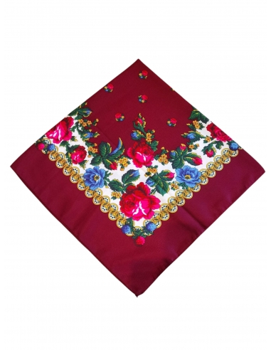 Batic traditional visiniu cu flori colorate si bordura decorativa inspirata din portul popular romanesc