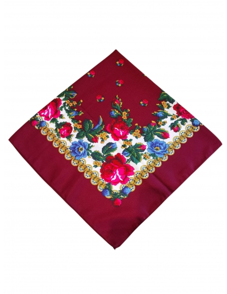 Batic traditional visiniu cu flori colorate si bordura decorativa inspirata din portul popular romanesc