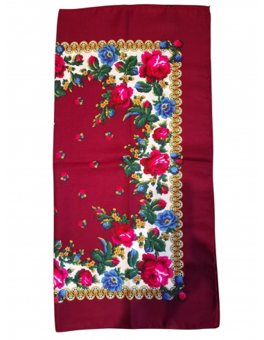 Batic traditional visiniu cu flori colorate si bordura decorativa inspirata din portul popular romanesc
