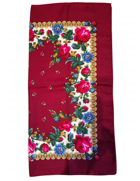 Batic traditional visiniu cu flori colorate si bordura decorativa inspirata din portul popular romanesc
