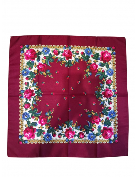 Batic traditional visiniu cu flori colorate si bordura decorativa inspirata din portul popular romanesc