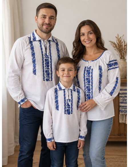 Set familie ii traditionale alb cu broderie albastra – mama tata copil