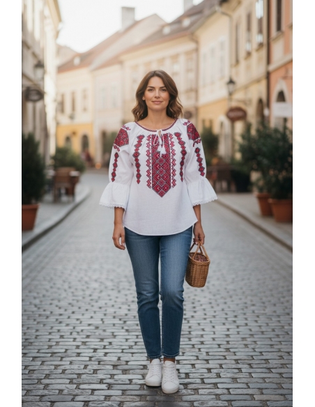 Ie traditionala dama alba cu broderie geometrica rosie si neagra