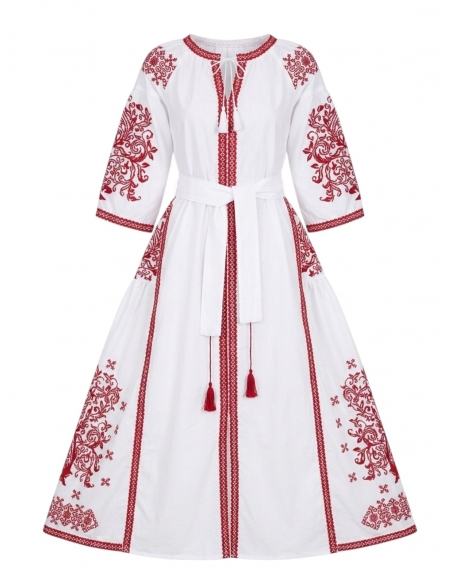 Rochie populara alba brodata cu rosu iiromanesti.ro