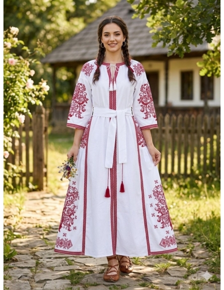 Rochie populara alba brodata cu rosu iiromanesti.ro