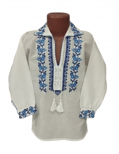 Camasa traditionala baieti alba cu broderie florala albastra