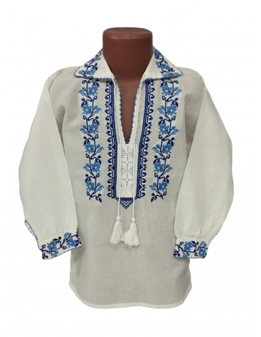 Camasa traditionala baieti alba cu broderie florala albastra