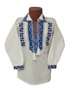 Camasa traditionala baieti alba cu broderie albastra si alb