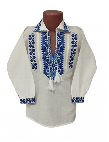 Camasa traditionala baieti alba cu broderie albastra si alb