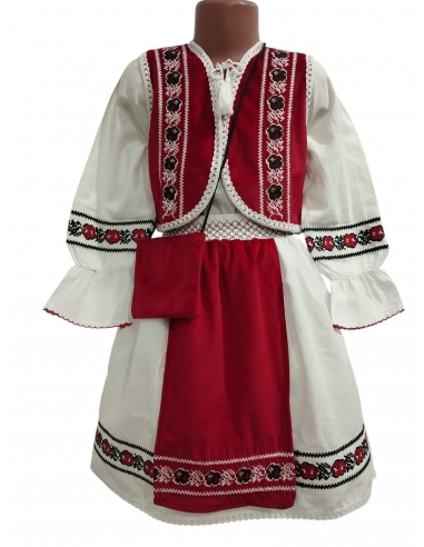Costum traditional fetite cu vesta rosie si motive florale