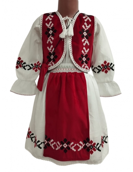 Costum traditional fetite alb si rosu cu motive populare