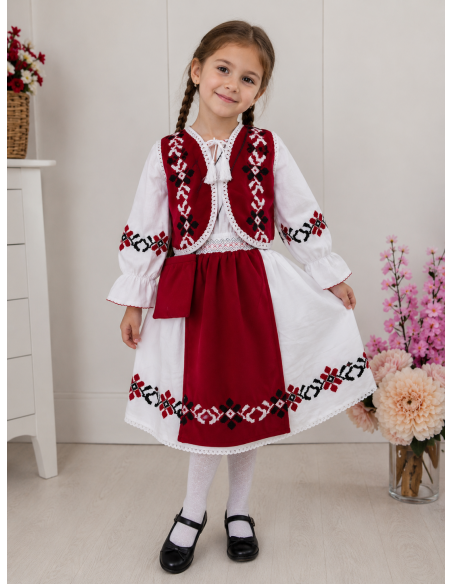 Costum traditional fetite alb si rosu cu motive populare MM292