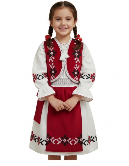 Costum traditional fetite alb si rosu cu motive populare