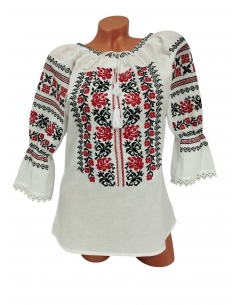 Ie traditionala dama alba cu broderie rosie si neagra model autentic romanesc