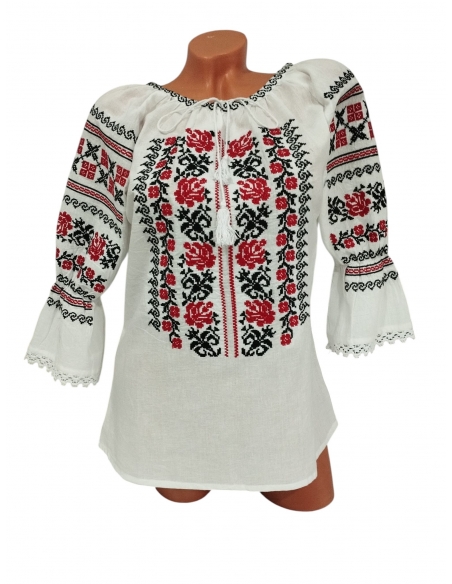 Ie traditionala dama alba cu broderie rosie si neagra model autentic romanesc