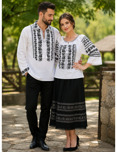 Set traditional romanesc pentru cuplu cu ie dama si camasa barbateasca broderie neagra