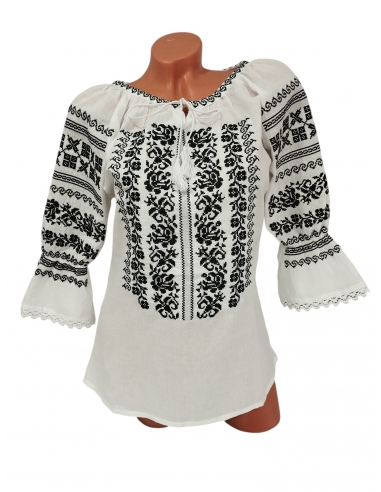 Ie traditionala dama alba cu broderie neagra model autentic romanesc