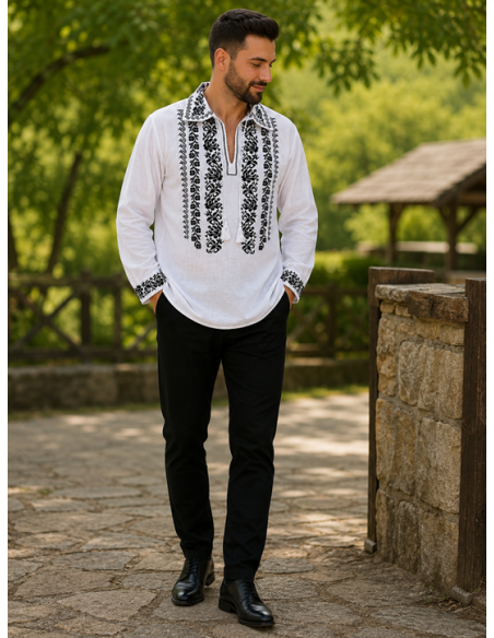 Camasa traditionala barbateasca alba cu broderie neagra model autentic romanesc