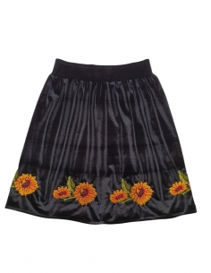 Fusta traditionala dama din catifea neagra cu floarea-soarelui brodata