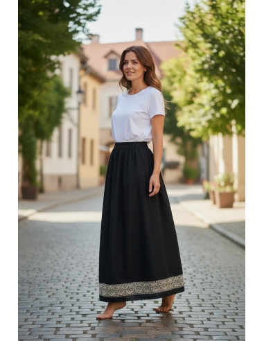 Fusta traditionala lunga dama din bumbac negru cu broderie bej