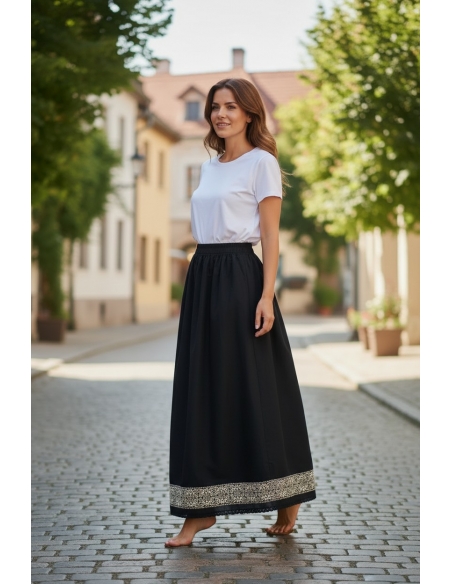 Fusta traditionala lunga dama din bumbac negru cu broderie bej