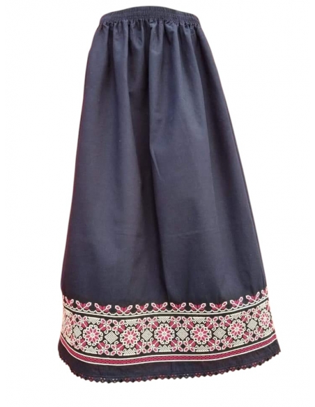 Fusta traditionala lunga dama din bumbac negru cu broderie rosie si bej