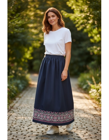 Fusta traditionala lunga dama din bumbac negru cu broderie rosie si bej
