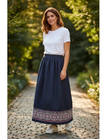 Fusta traditionala lunga dama din bumbac negru cu broderie rosie si bej
