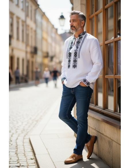 Ie traditionala barbati alba cu broderie neagra si guler tunica