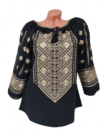 Ie Traditionala Neagra cu Paiete si Broderie Aurie - Bluza Populara Eleganta Dama