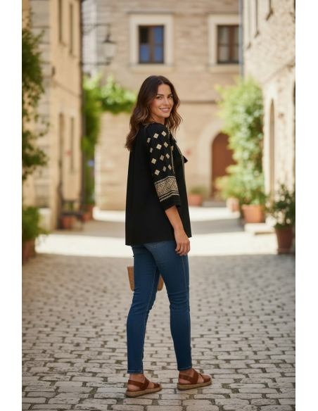 Ie Traditionala Neagra cu Paiete si Broderie Aurie - Bluza Populara Eleganta Dama