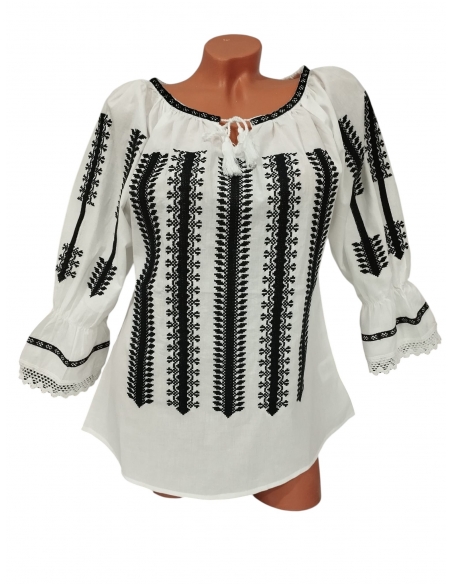 Ie traditionala dama alba cu broderie neagra autentica romaneasca