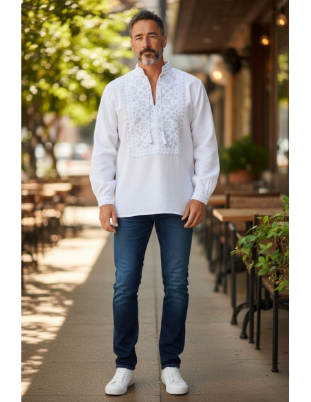 Camasa traditionala alba barbati cu broderie argintie eleganta