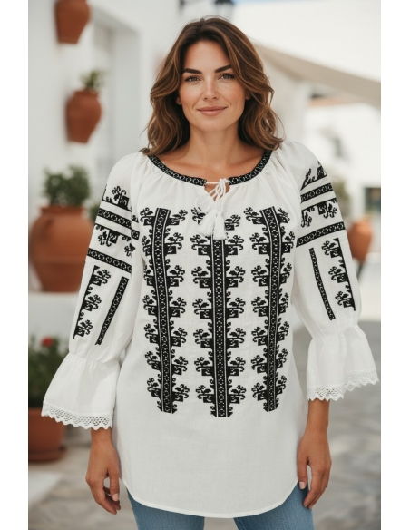 Ie traditionala alba dama cu broderie neagra autentica