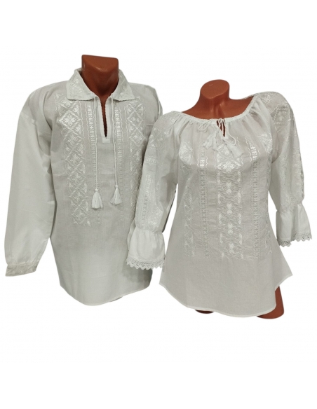Set traditional alb pentru cuplu cu broderie alba autentica